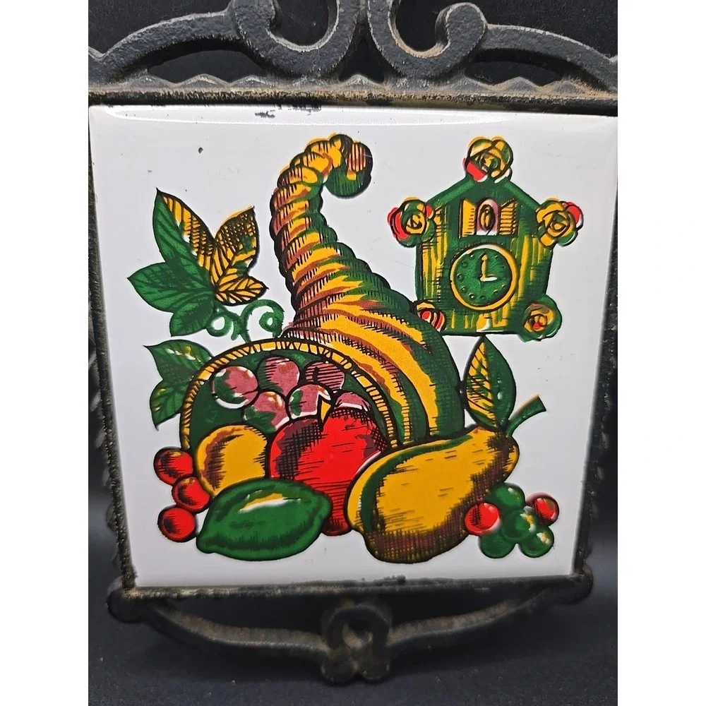 Vintage Mid Century Art Tile Footed Trivet Cornucopia Cuckoo Japan Cast Iron